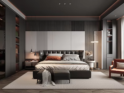 Modern Bedroom Interior Design With Black Headboard Nightstands Table Lamps And Area Rug 3d model