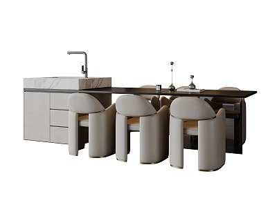 Modern Dining Table And Chairs Set With Round Leather Seats And Black Tabletop 3d model