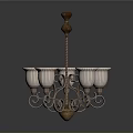 Vintage Style Chandelier With Five Frosted Glass Shades And Ornate Metal Frame
