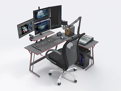 Modern Workstation Setup With Multiple Monitors Keyboard Mouse Ergonomic Chair Printer And Computer Tower 3d model