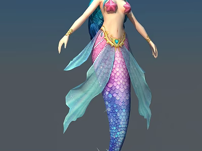 Fantasy Mermaid Creature With Blue Green Hair Pink Shell Top Gold Accessories And Purple Blue Tail 3d model