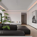 Modern Living Dining Room Interior With Black L-shaped Sofa Round Coffee Table And Sea View