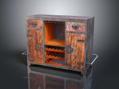 Vintage Industrial Wine Cabinet With Distressed Wooden Doors Metal Frame And Wine Racks 3d model