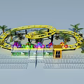 Fun Amusement Ride With Yellow Track Colorful Cabins Palm Trees And Green Platform