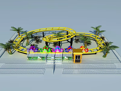 Fun Amusement Ride With Yellow Track Colorful Cabins Palm Trees And Green Platform 3d model