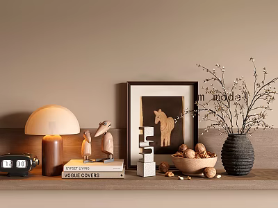 Elegant Ornament Set with Table Lamp Wooden Figurines Books Walnuts and Vase 3d model