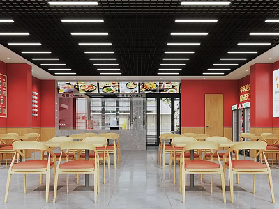Modern Bright Casual Restaurant Interior Design With Light Wooden Chairs And Neat Order Counter Layout 3d model