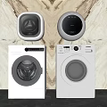 Two Modern White Front Load Washing Machines With Control Panels And Top Units