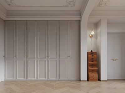 Minimalist Tatami Bedroom Interior Design With Gray Wardrobe Herringbone Wooden Flooring And White Walls 3d model