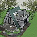 Wooden House With Triangular Green Roof Glass Railed Balcony Deck And Lawn Surrounded By Trees