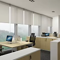 Modern Office Interior With Desks Computers Large Windows And White Blinds 3d model