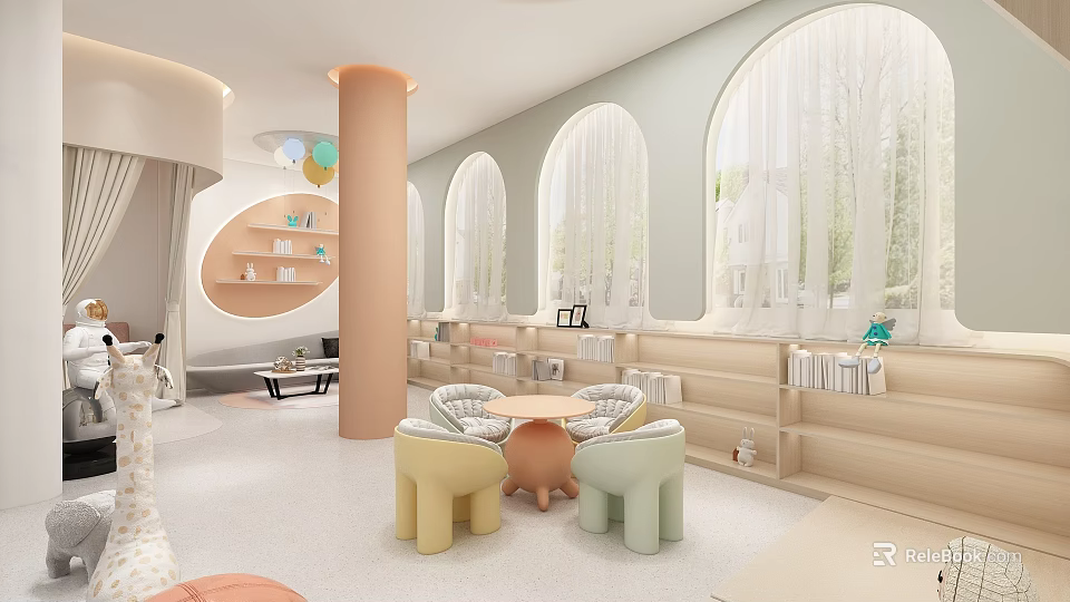 Warm Bright Kids Activity Space With Arched Windows Colorful Balloons Circular Bookshelves And Small Table 3d model 