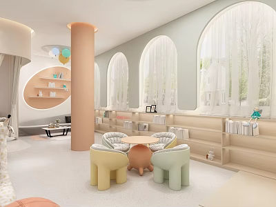 Warm Bright Kids Activity Space With Arched Windows Colorful Balloons Circular Bookshelves And Small Table 3d model