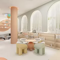 Warm Bright Kids Activity Space With Arched Windows Colorful Balloons Circular Bookshelves And Small Table