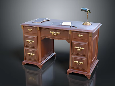 Classic Wooden Desk With Gold Handle Drawers Table Lamp Notebook And Pen 3d model