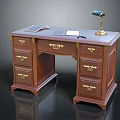 Classic Wooden Desk With Gold Handle Drawers Table Lamp Notebook And Pen
