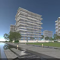 Modern Multi Storey Residential Building With Greenery Pond And Pathway