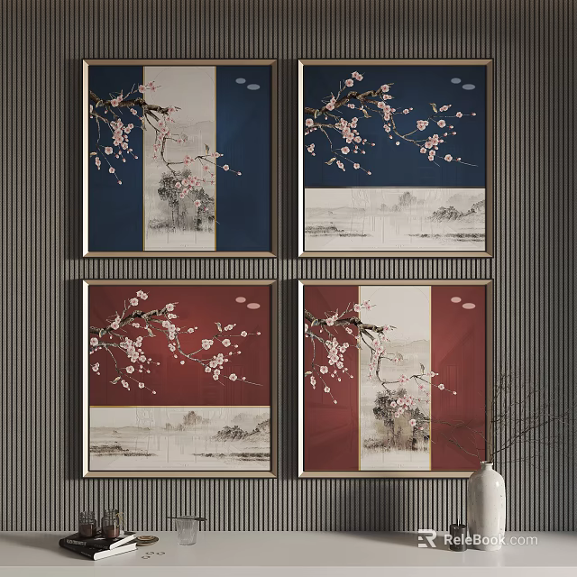 Decorative Plant Paintings With Cherry Blossoms And Landscape Elements On Colored Backgrounds 3d model