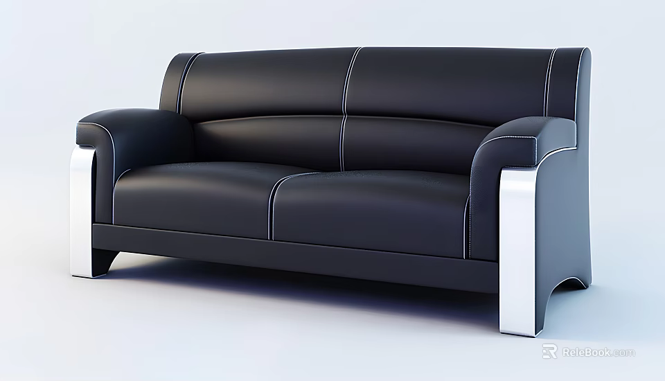 Black Leather Double Sofa With Silver Metal Armrests And Modern Design 3d model