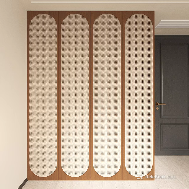 Modern Minimalist Wardrobe with Wooden Frame and Woven Grid Pattern Panels in Light Beige Tone 3d model 