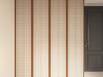 Modern Minimalist Wardrobe with Wooden Frame and Woven Grid Pattern Panels in Light Beige Tone 3d model