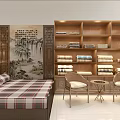 Chinese Style Home Textiles Store With Wooden Shelves Beds Quilts Towels And Ink Painting Decor