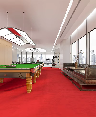Luxurious Billiard Room Interior With Green Felt Table Red Carpet And City View Windows 3d model