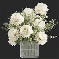 Elegant Decorative Ornament Set with White Flowers Green Leaves in Textured Vase