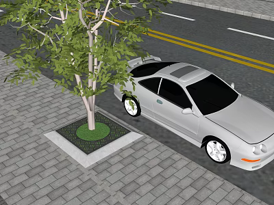 Silver Car Parked On Brick Sidewalk Near Tree And Road With Yellow Lines 3d model