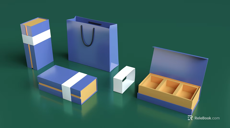 Decorative Jewelry Display Set With Blue Yellow Boxes White Stripes Shopping Bag Open Compartments 3d model 