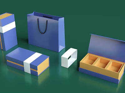 Decorative Jewelry Display Set With Blue Yellow Boxes White Stripes Shopping Bag Open Compartments 3d model