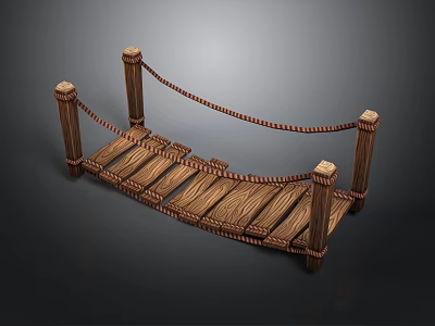 Handmade Wooden Decorative Bridge With Rope Railings And Arch Plank Design 3d model