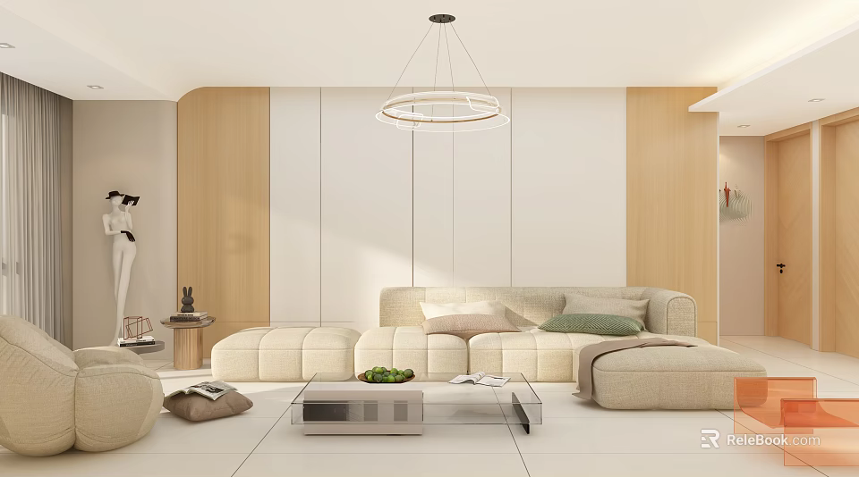 Modern Living Room With Wooden White Walls Beige Sofa Round Chandelier And Glass Coffee Table 3d model 