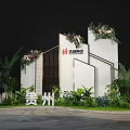 Floral Display with Hanging Cloud Shaped Decorations White Vertical Screens and Green Plants