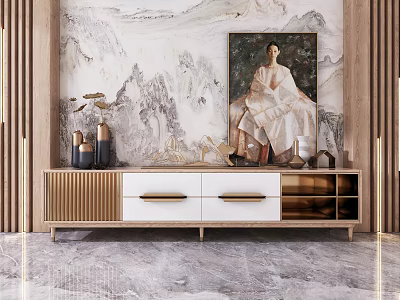 Elegant Modern TV Stand With Landscape Wall Art Metal Frame And Storage Drawers 3d model