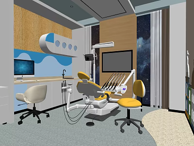 Modern Dental Clinic Interior With Dental Chair Equipment And Wooden Wall 3d model