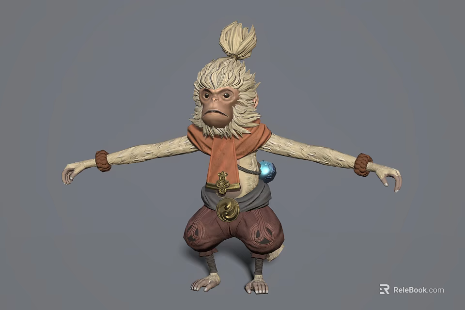 3D Modeled Monkey Game Movie Character With Topknot Orange Top And Brown Pants 3d model 