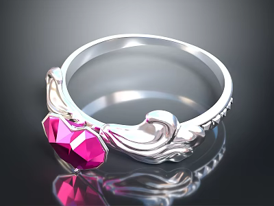 Elegant Silver Ring With Pink Gemstone And Wavy Decorative Design 3d model