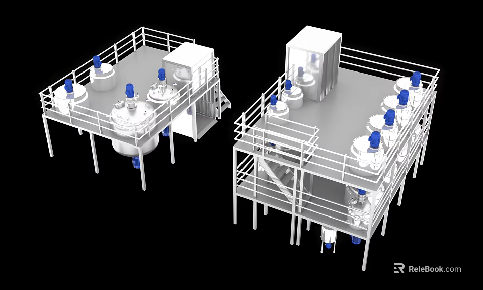 Industrial Equipment Processing System With Stainless Steel Tanks Platforms Railings And Blue Components 3d model 