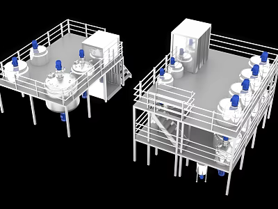 Industrial Equipment Processing System With Stainless Steel Tanks Platforms Railings And Blue Components 3d model