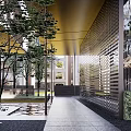 Modern Pergola Outdoor Space With Water Feature Stones Trees And Modern Buildings