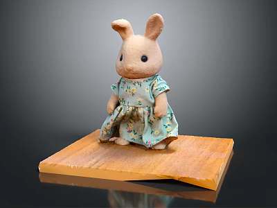 Cute Rabbit Doll Wearing Floral Green Dress Standing On Wooden Platform 3d model