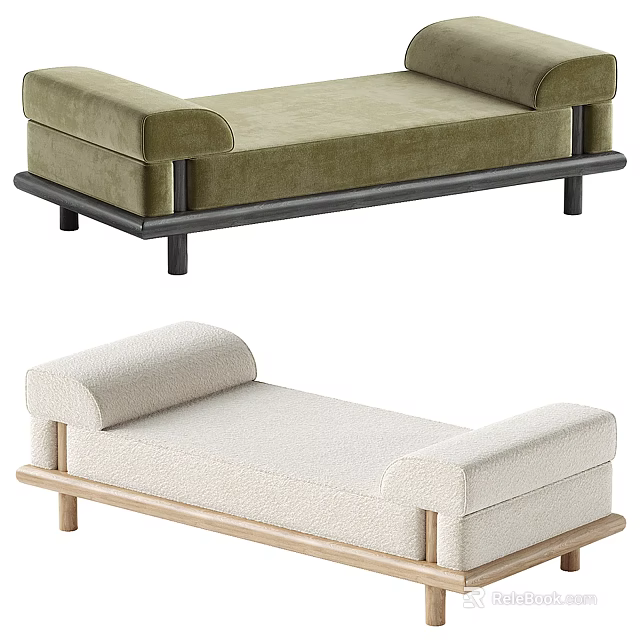 Green Velvet and Beige Bouclé Sofa Benches with Black and Wooden Frames and Legs 3d model 