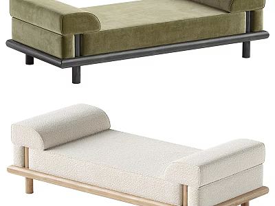 Green Velvet and Beige Bouclé Sofa Benches with Black and Wooden Frames and Legs 3d model