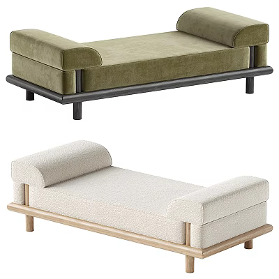 Green Velvet and Beige Bouclé Sofa Benches with Black and Wooden Frames and Legs 3d model