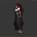 Game and Movie Character with Red Hair in Dark Layered Dress Veil Tulle Gothic Style