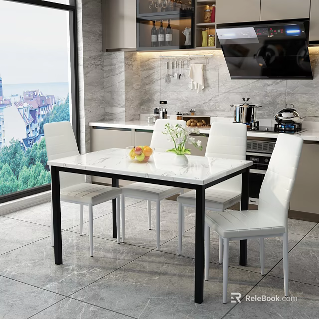 Open Restaurant Kitchen With Marble Countertop Black Dining Table White Chairs And Window View 3d model 