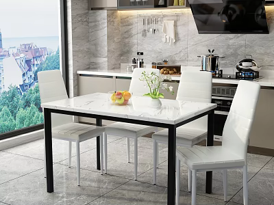 Open Restaurant Kitchen With Marble Countertop Black Dining Table White Chairs And Window View 3d model
