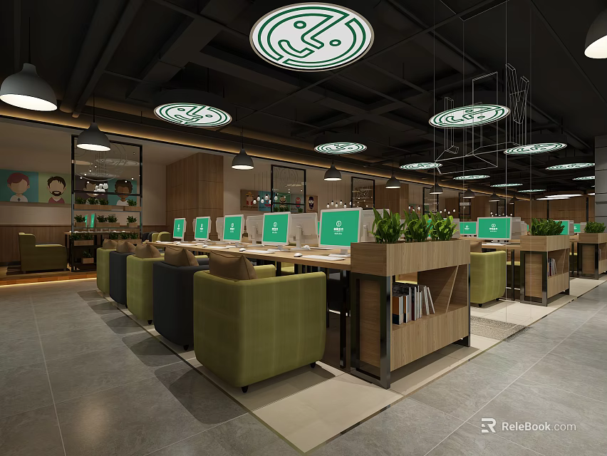 Modern Internet Cafe Interior With Comfortable Seats Gaming Computers And Green Plants 3d model