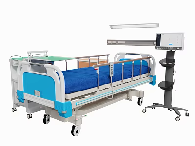 Medical Bed With Blue Mattress Side Rails Wheels And Medical Equipment Stand 3d model